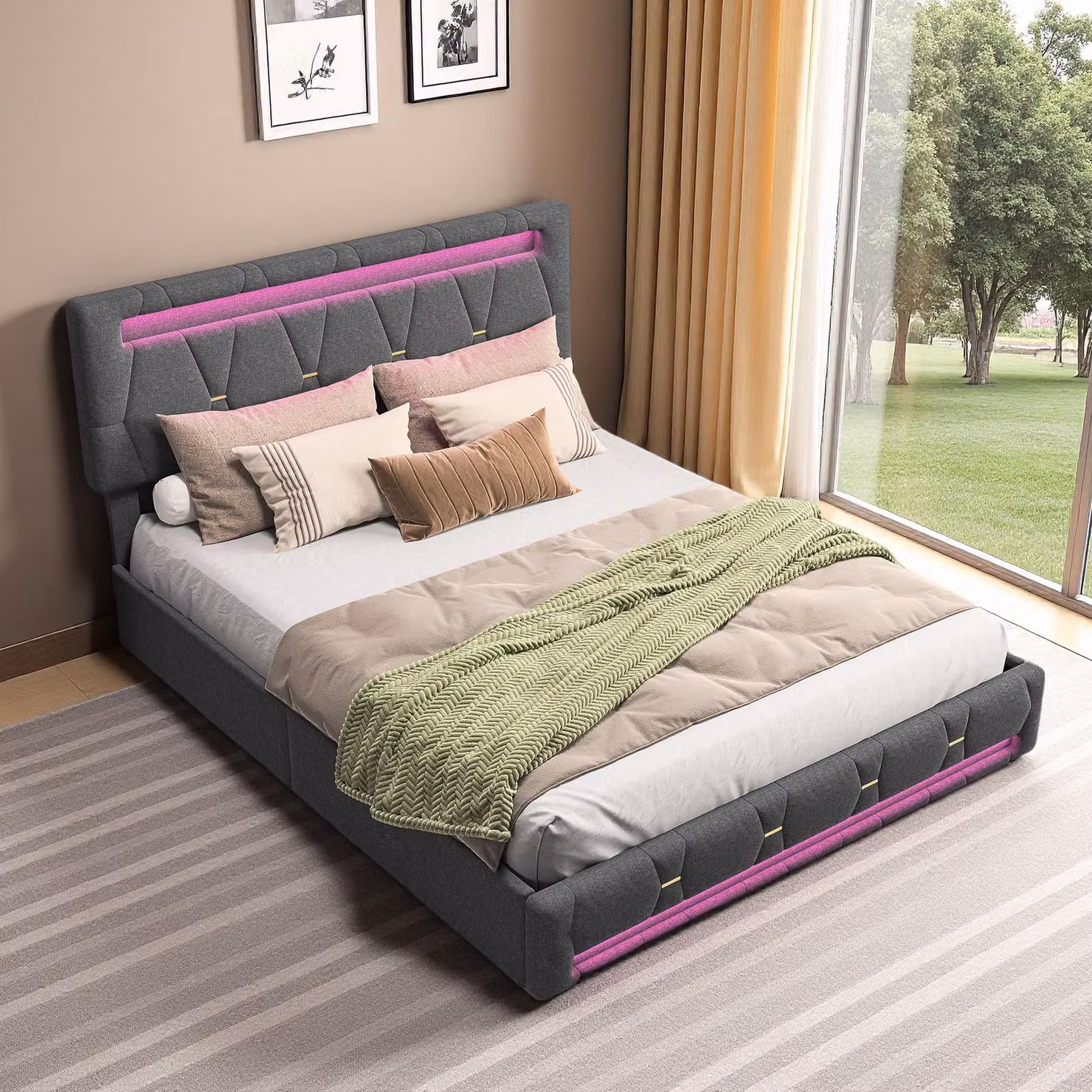 Letto matrimoniale imbottito 140x200 cm con contenitore in lino grigio, 4 cassetti, testata a LED multicolore, caricatore europeo