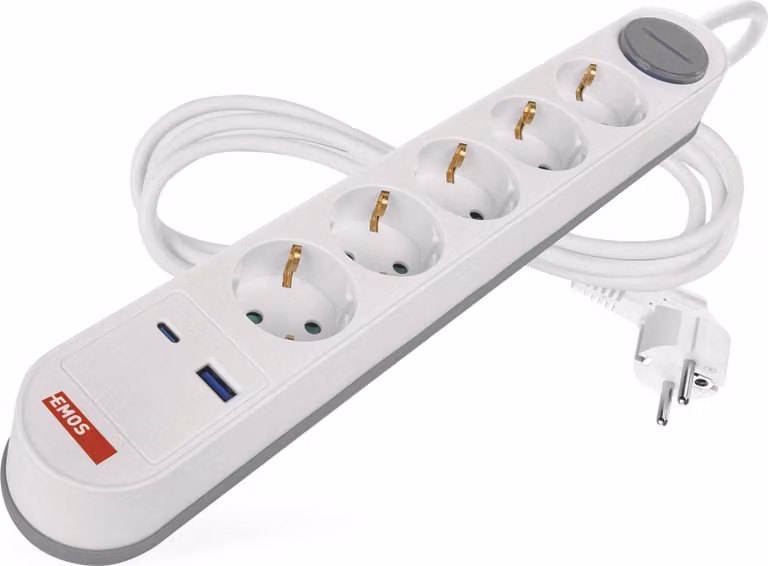 Presa di corrente EMOS a 5 vie con ricarica USB Fast Charge, cavo da 3 m, con interruttore, per uso interno, adatta al montaggio a parete, 1x USB C, 1x USB A, bianco, P1523FC