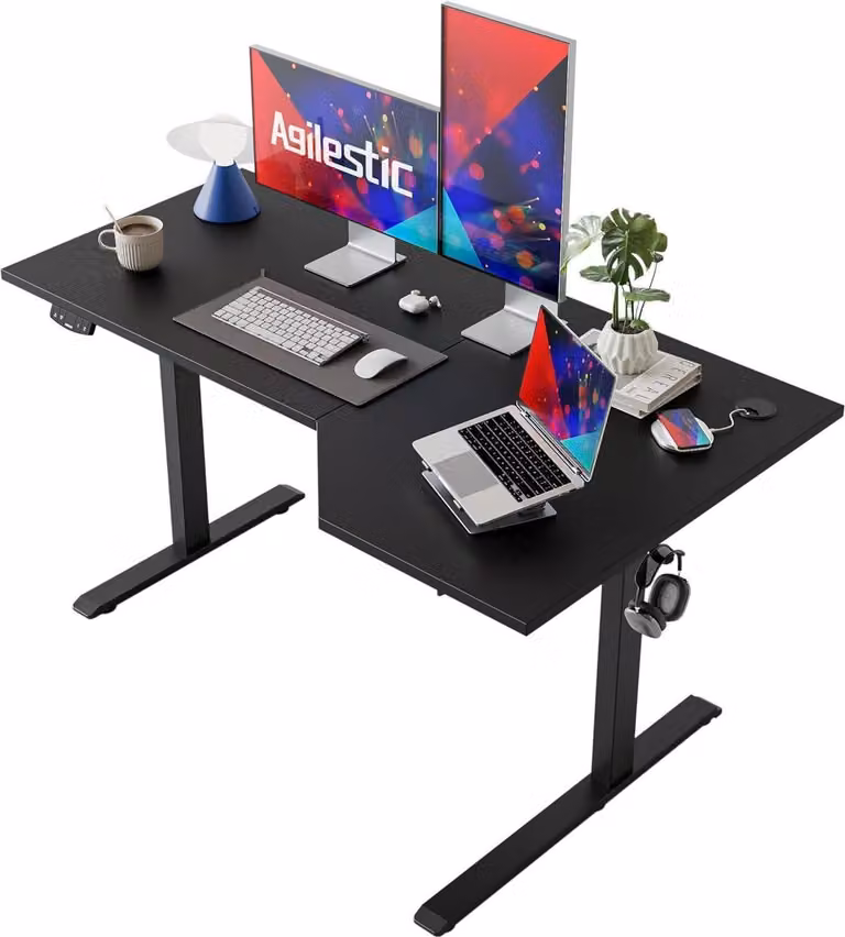 Scrivania elettrica a L regolabile in altezza da 140 cm, scrivania ergonomica per sedersi e stare in piedi, nera