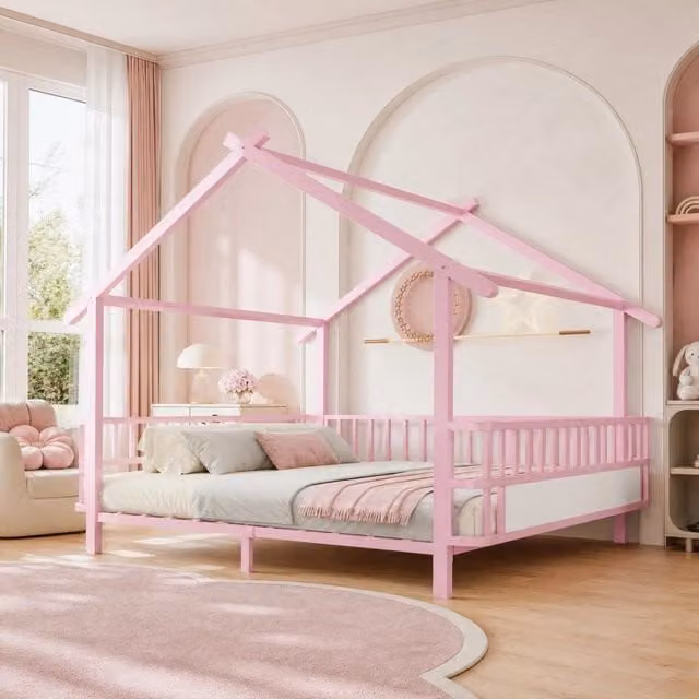 Letto per bambini REDOM in metallo rosa con struttura a casa e sponde L/P: 140 x 200 cm