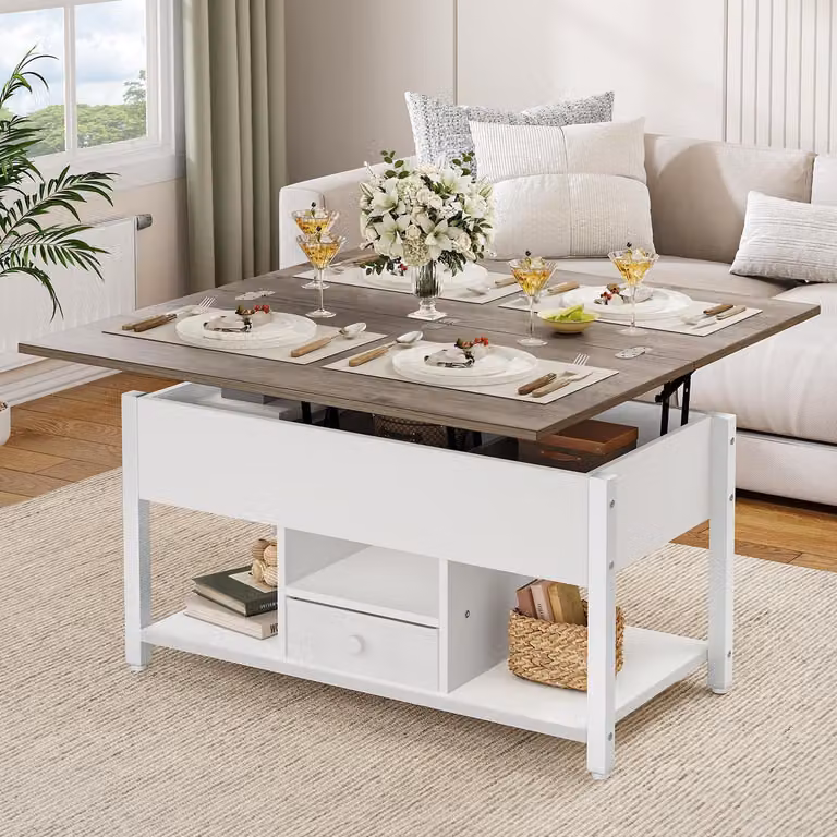 Tavolino sollevabile con cassetti, 4 in 1, bianco e grigio