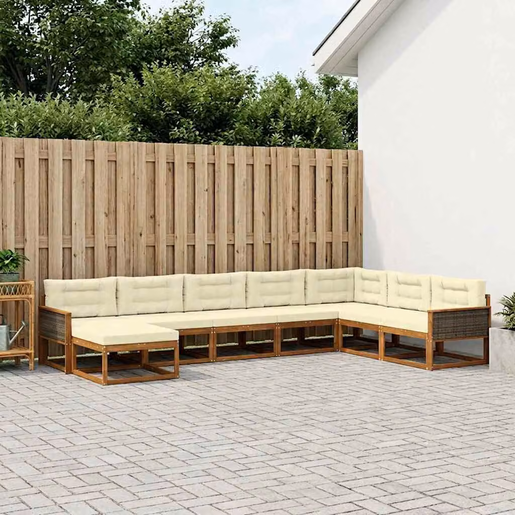 vidaXL Set di divani da esterno 8 pz in legno di acacia con cuscini, L shape, Marrone e Beige
