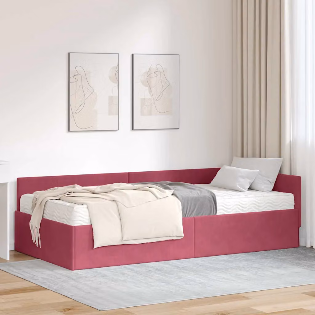 vidaXL Letto Angolare Moderno con 2 Materassi in Velluto Rosso