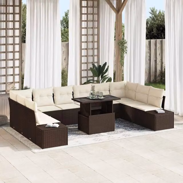 Set da giardino moderno vidaXL composto da 11 pezzi con divano a forma di U, elementi angolari, tavolino da caffè e cuscini imbottiti in colore marrone