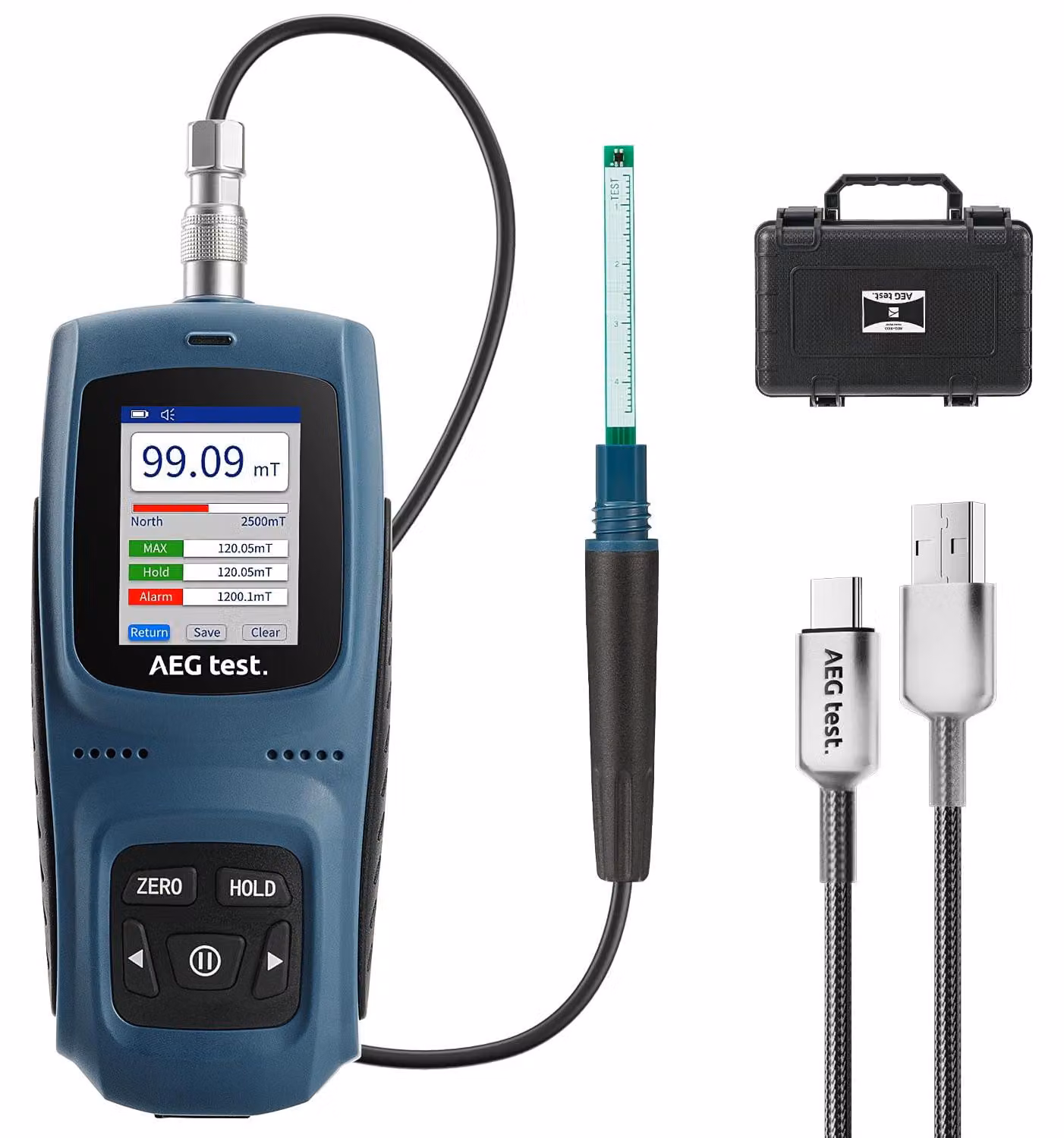 Misuratore di campo magnetico da 0 a 2500 mT, con precisione di ±5%, ricaricabile e dotato di data logger