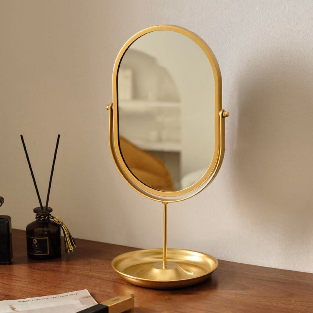 Specchio da trucco ovale con base e contenitore portaoggetti