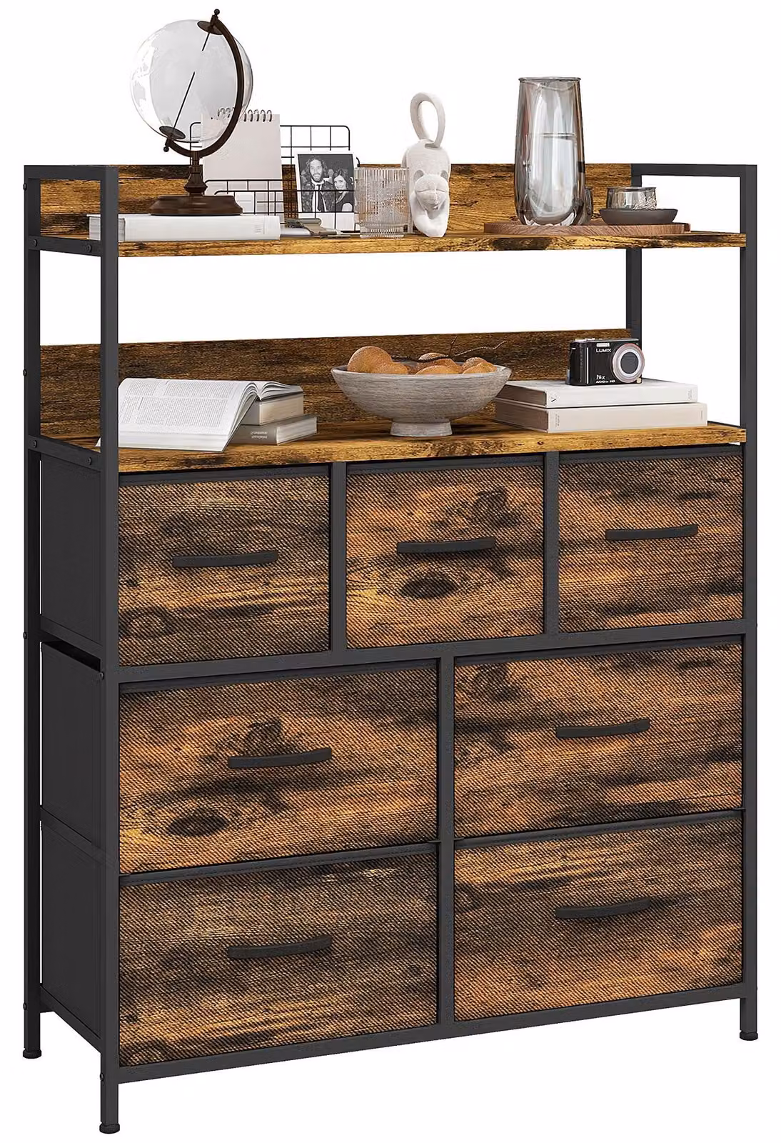 Cassettiera Stile Industriale con 7 Cassetti in Tessuto Rimovibili 79x29x101 cm Struttura in Legno e Acciaio Marrone e Nero
