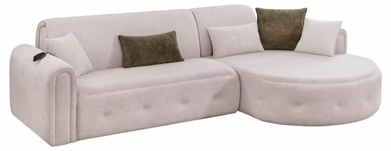 Divano angolare moderno con funzione letto, in legno color beige, ideale per un soggiorno