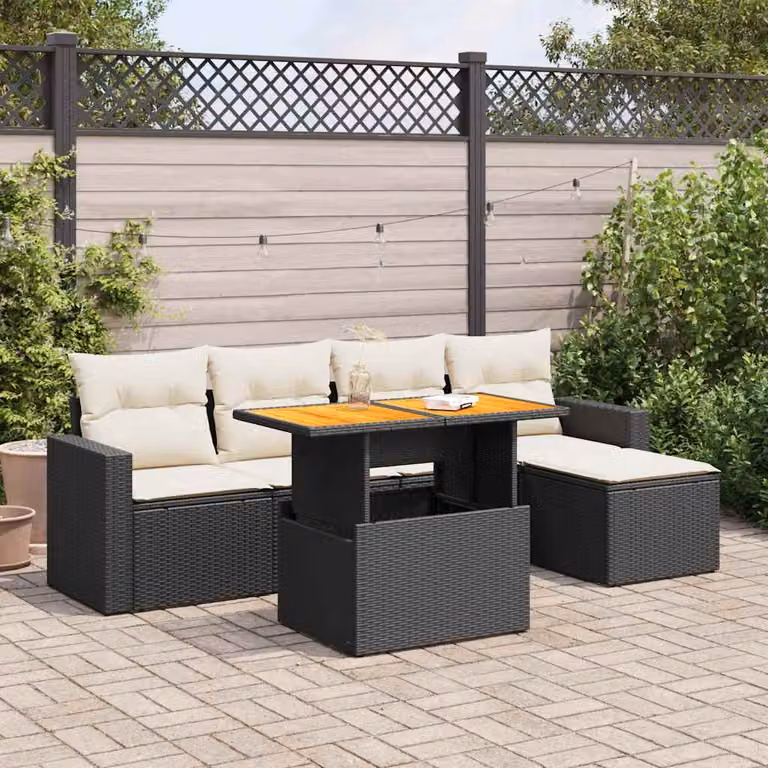 Set Divano da Giardino vidaXL 6 pz a Forma a L con Tavolino e Ottoman, Polyrattan e Legno di Acacia, Nero e Bianco