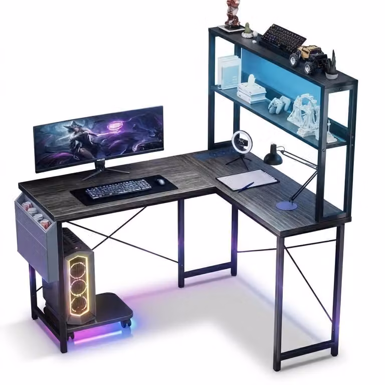 AIORBER Scrivania da gaming a forma di L 148 cm con illuminazione a LED, porte USB, scrivania angolare per computer, scrivania da ufficio con scaffale e contenitore Grigio