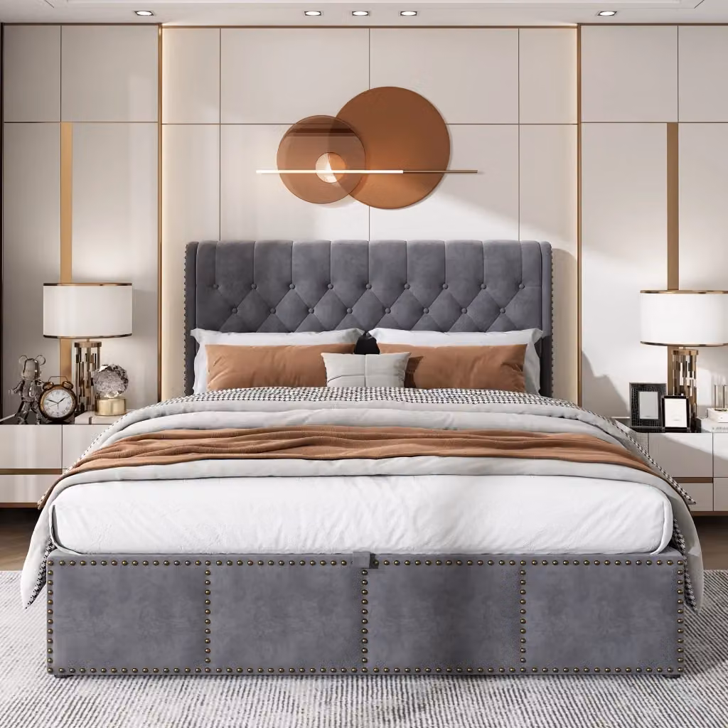 Letto contenitore Mivray con testiera imbottita in velluto grigio e rete a doghe inclusa L/P: 140 x 190 cm, Altezza testiera: 103 cm – 2