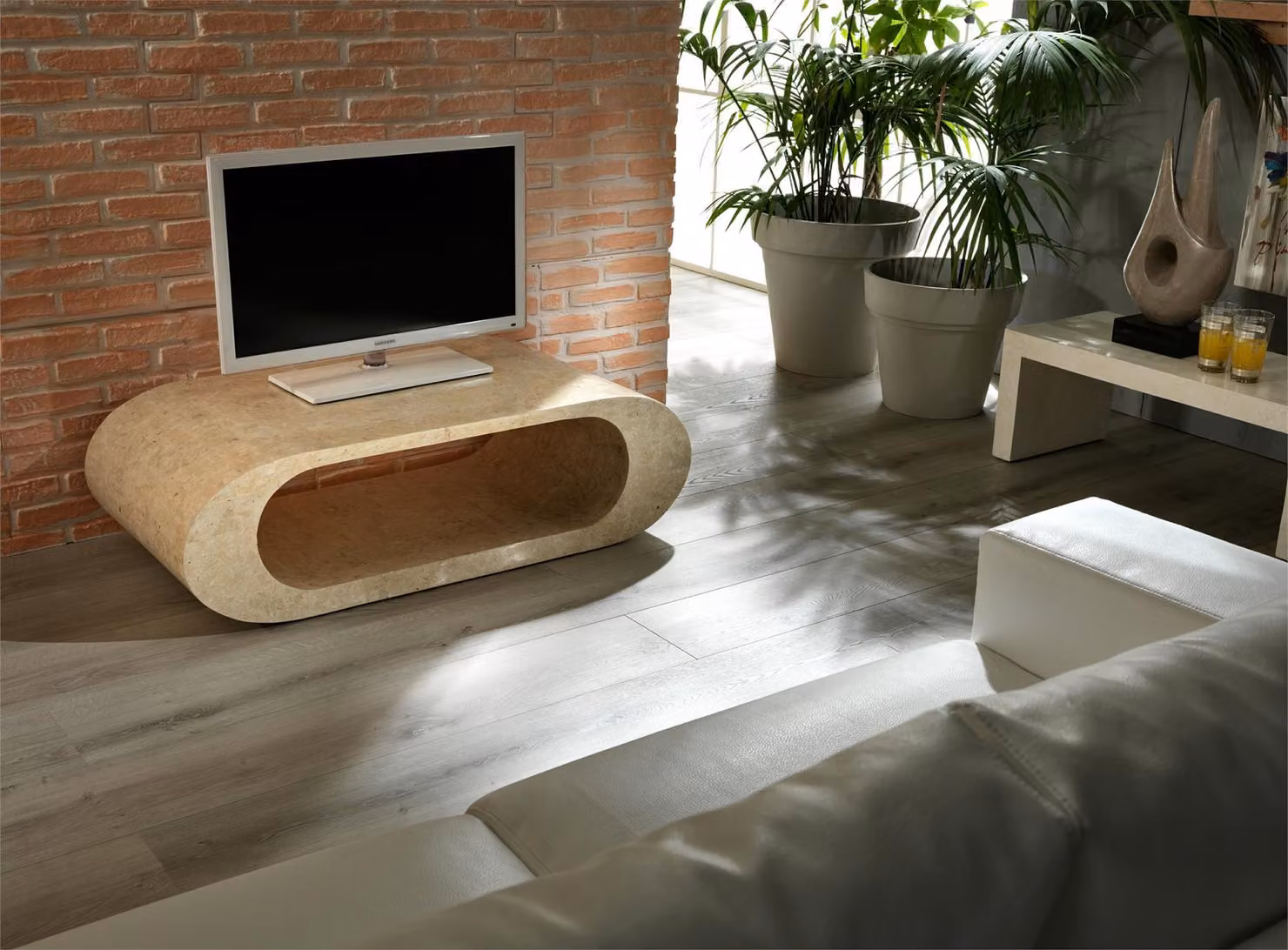 Tavolino da soggiorno E-Stylo in pietra fossile design moderno beige e bianco L: 120 cm, P: 62 cm, H: 35 cm – 2