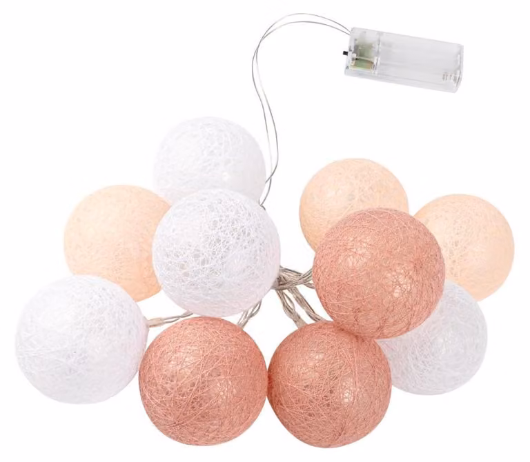 Catena luminosa a LED con 10 palline di cotone, diametro 6 cm, timer, lunghezza 280 cm