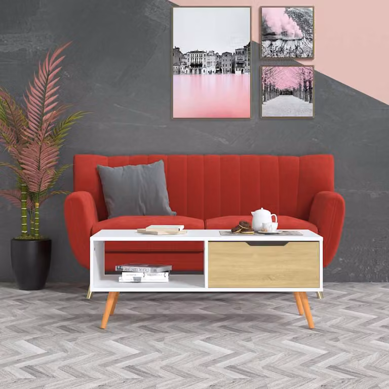 Tavolino da salotto vidaXL in legno e MDF, colore bianco e rovere, L: 100 cm, P: 49,5 cm, H: 43 cm