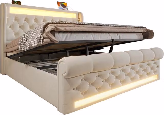 Letto matrimoniale 140x200 cm in velluto beige con LED; contenitore e USB-C