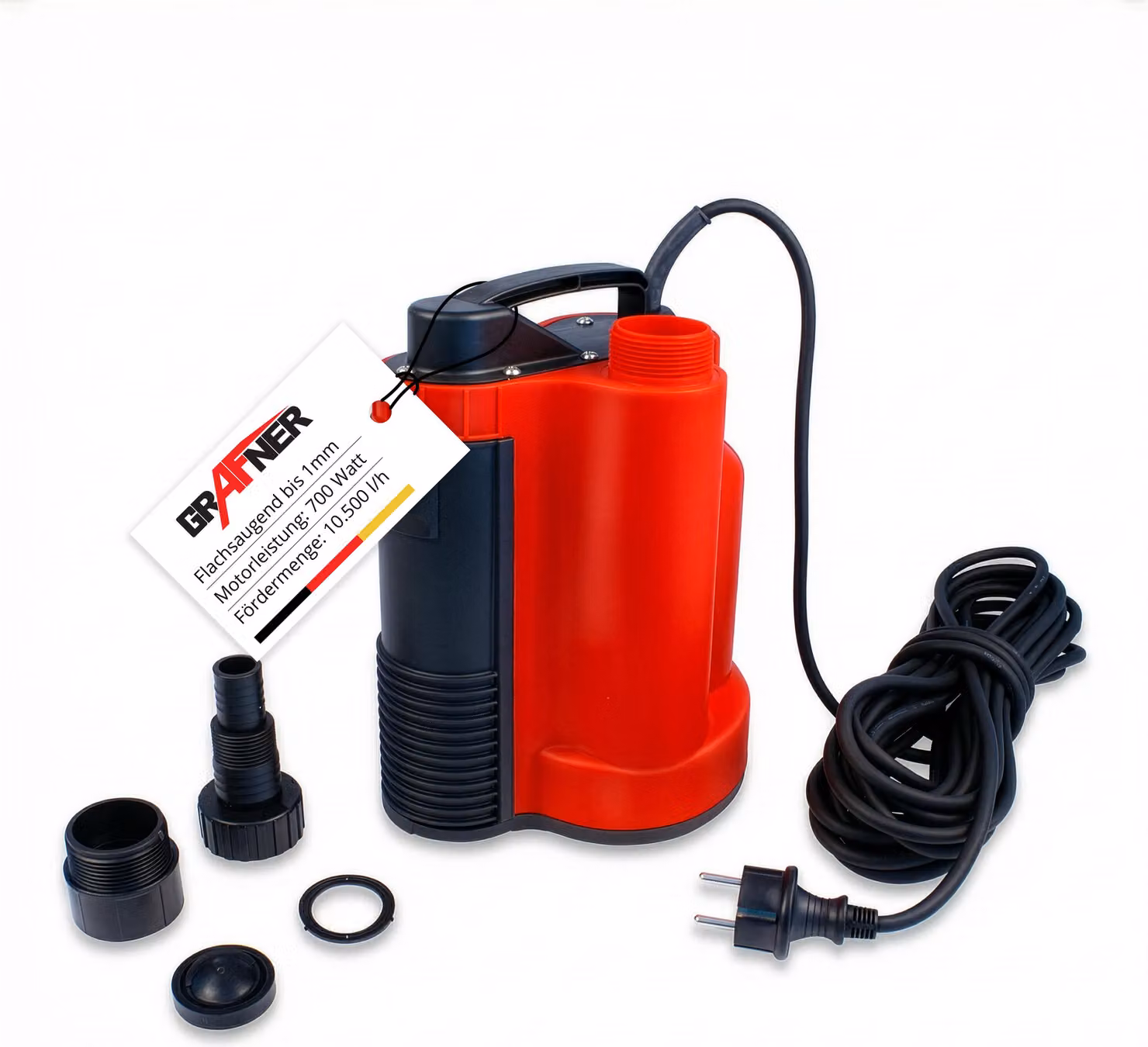 Pompa sommergibile ad aspirazione piatta Grafner, con interruttore a galleggiante integrato e valvola di non ritorno, 750 watt fino a 10500l/h di portata, aspirazione piatta 1mm, corpi estranei 3mm, pompa per acqua sporca, pompa per pozzetti