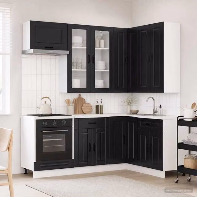 Unità cucina componibile KALMAR vidaXL in 8 pezzi nero opaco con ante in vetro e legno MDF