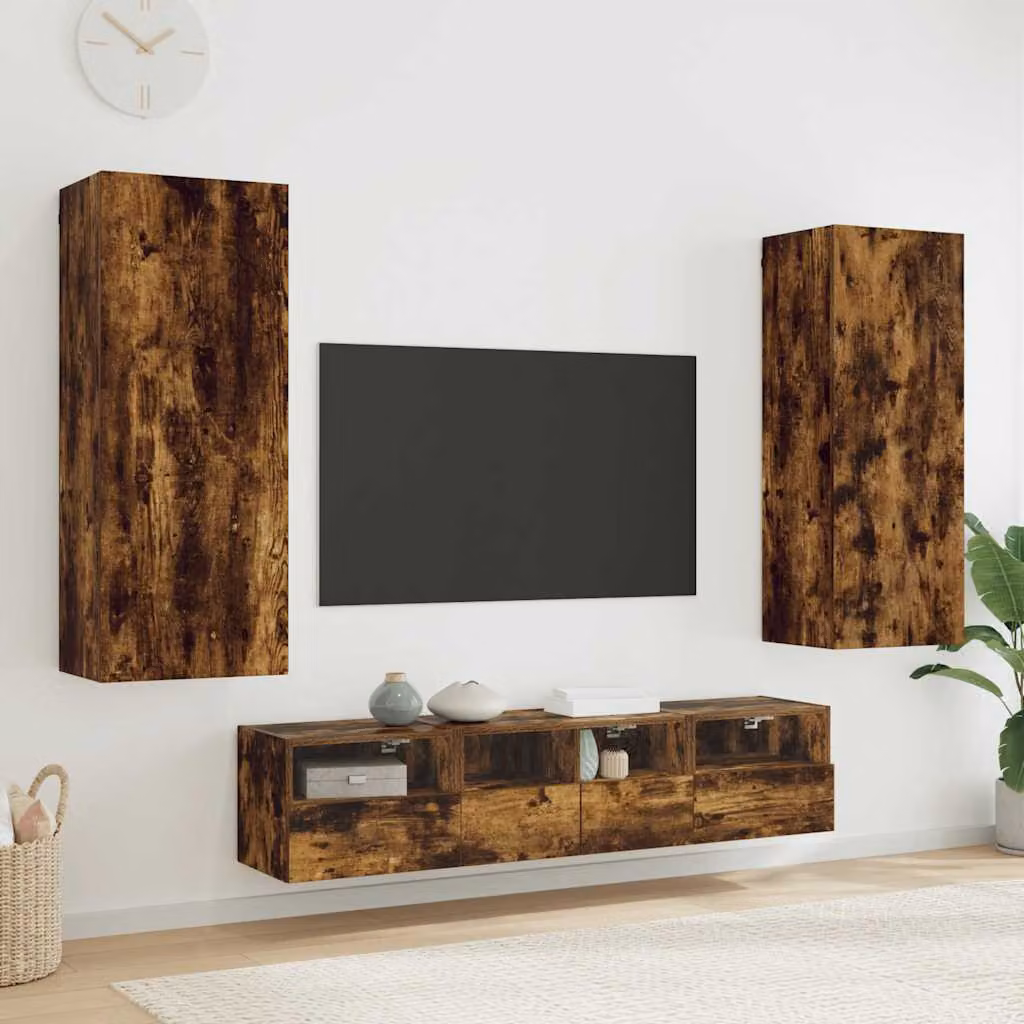 Set di 5 mobili TV da muro vidaXL in legno multistrato color rovere fumo con finitura opaca per soggiorno o ufficio in casa