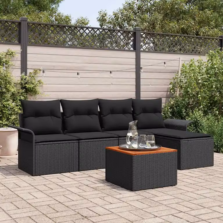 Set Divano da Giardino vidaXL 6 pz in Polyrattan Nero con Cuscini e Contenitore per Archiviazione
