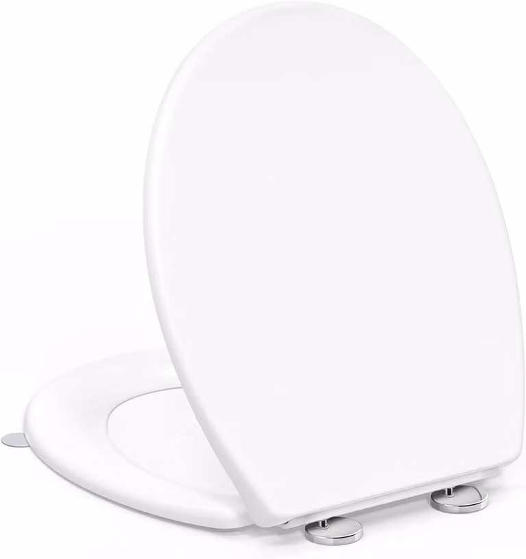 Copriwater a forma di "O", 44,6 x 37,2 cm, con sistema di abbattimento automatico, bianco, con maniglia, capacità di carico 150 kg, per bagno