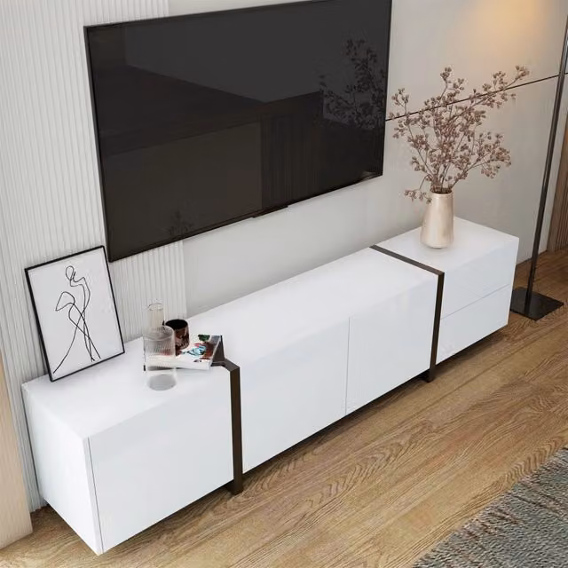 Mobile TV moderno FOLYNA in pannello truciolare bianco e nero lucido con 3 ante, 1 cassetto e anta a ribalta, L: 170 cm, P: 30 cm, H: 39 cm