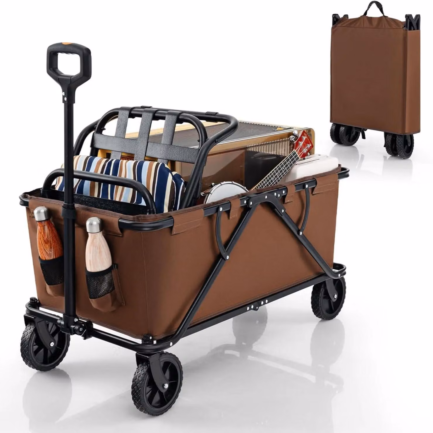 Carrello pieghevole - Carrello di trasporto - Maniglia regolabile in altezza - Portabicchieri - Borsa per riporre - Per il campeggio - Marrone