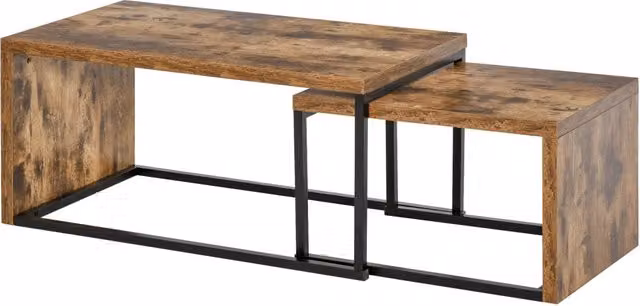 Set di tavolini da caffè nido Minimal in stile moderno, colore marrone e nero, in metallo e legno con finitura opaca, L/P/H: 90 x 48 x 42 cm e 59 x 42 x 36 cm