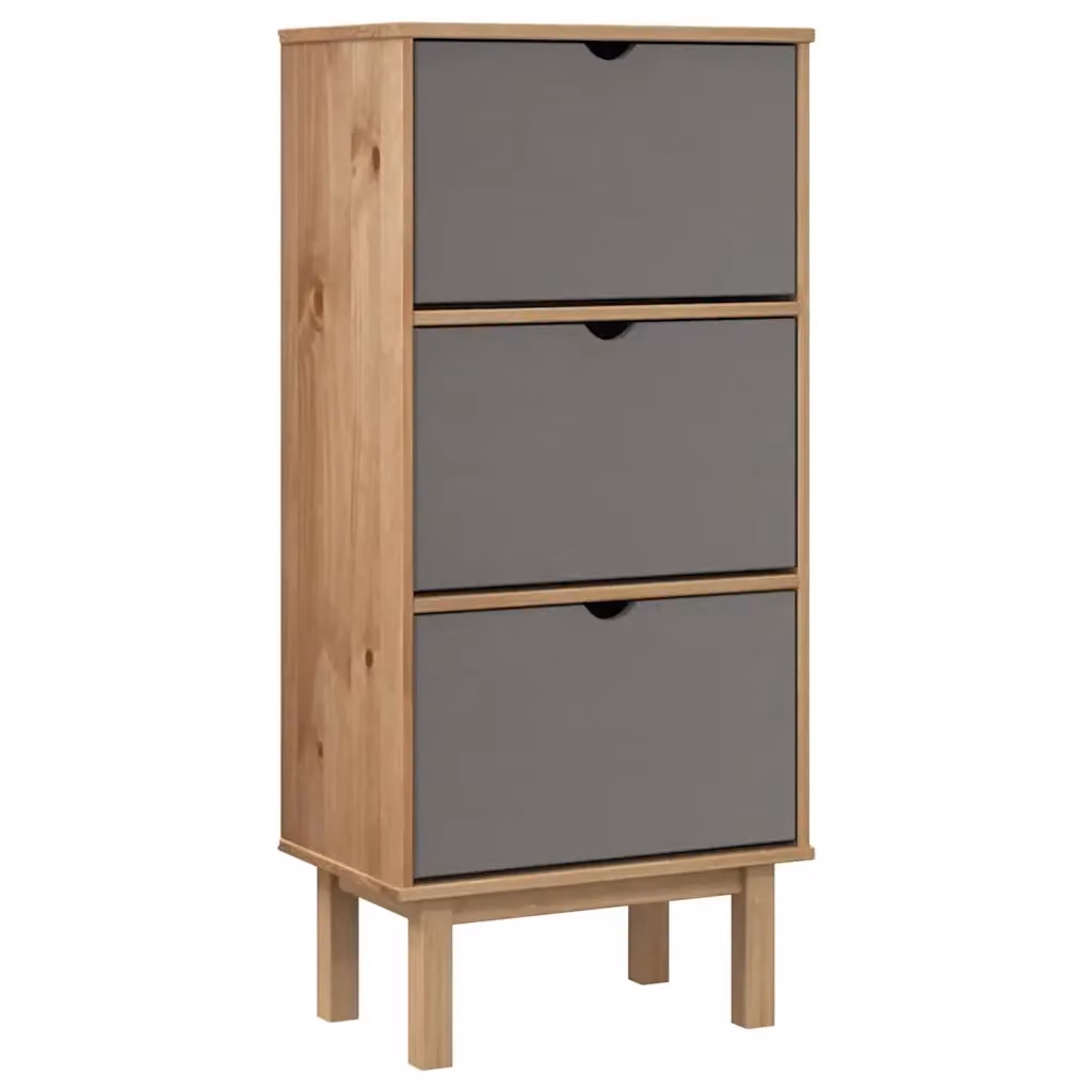 Scarpiera a parete vidaXL in legno di pino stile rustico con ante basculanti e cassetti, Marrone e Grigio, L: 120 cm, P: 35 cm, H: 55 cm – 2