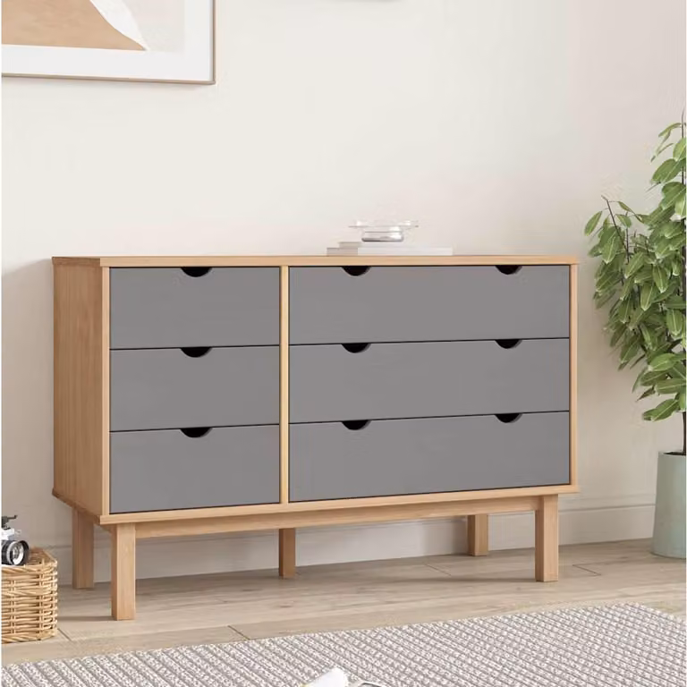 Cassettiera OTTA vidaXL in legno di pino, Marrone e Grigio, L: 111 cm, P: 43 cm, H: 73,5 cm