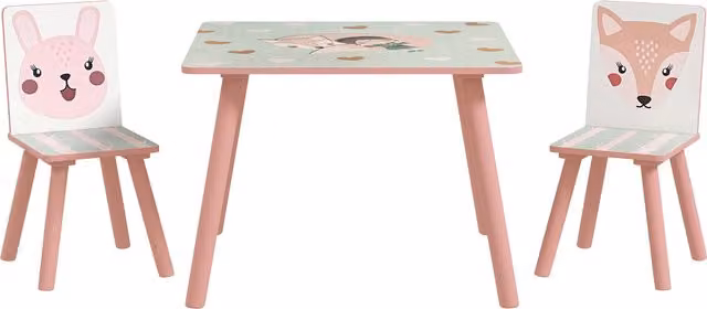 Set tavolo e 2 sedie per bambini ZONEKIZ in legno di pino con motivo animale, colore rosa
