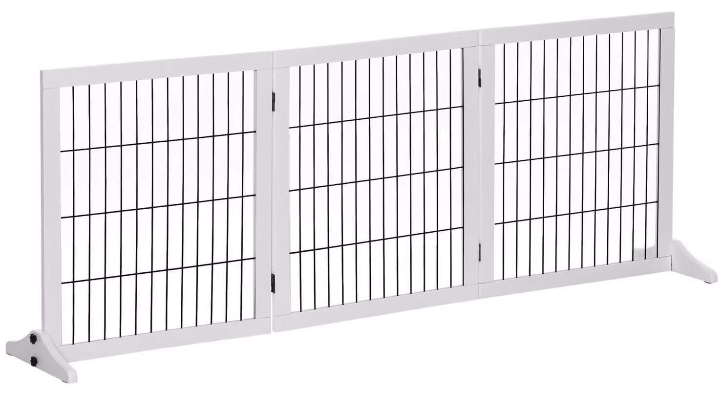 Moonbite, recinzione per cani, 3 pannelli, 185 x 36 x 71 cm, barriera autoportante per scale e porte, senza necessità di foratura, pieghevole con supporti, colore: legno chiaro, bianco