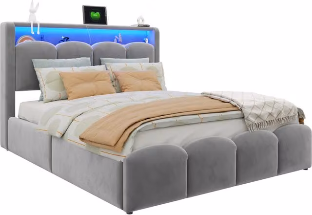Letto matrimoniale 140x200 cm con contenitore idraulico; LED e USB-C in velluto grigio
