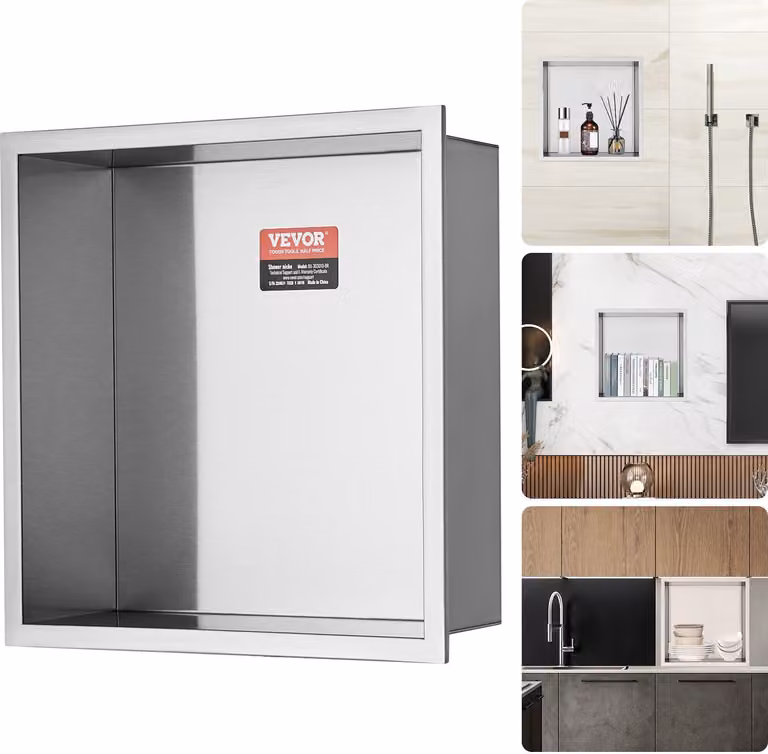 Nicchia a muro 10x33,02x33,02cm Nicchia per doccia Nicchia in acciaio inox Monostrato 100% impermeabile Installazione a incasso 0-40°C Temperatura di esercizio 92° Design ad angolo interno Adatto per bagni Camere da lettostudio
