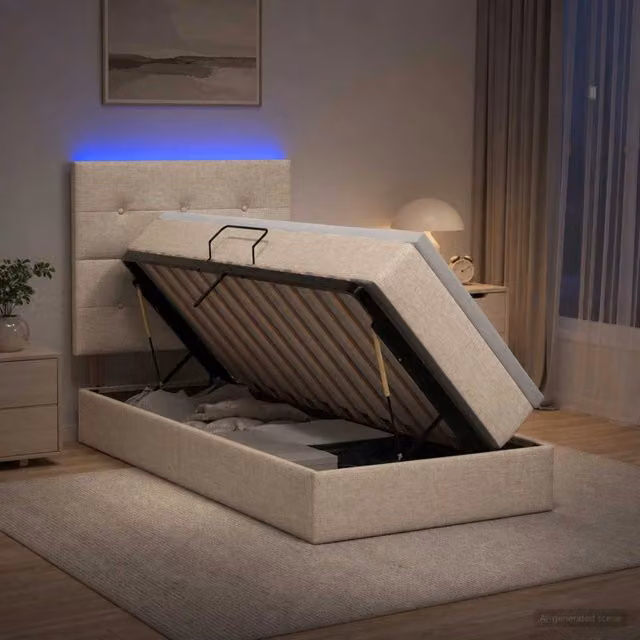 Letto con contenitore e materasso in schiuma vidaXL, colore beige, con illuminazione LED e porte USB, L/P/H: 100 x 200 x 140 cm – 1