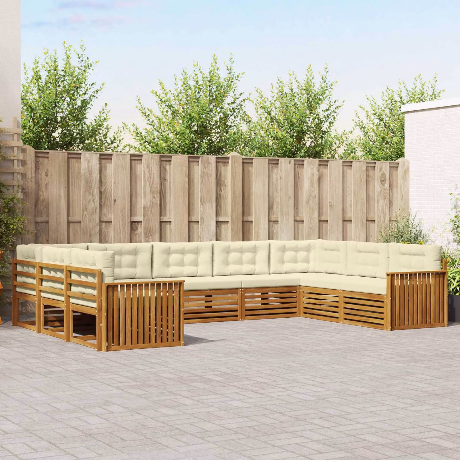 vidaXL Set di divani da esterno 9 pz in legno di acacia con cuscini Beige e Bianco