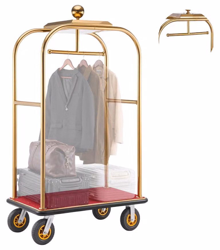 Carrello per bagagli alberghieri - Carrello per valigie per uso commerciale - Struttura in acciaio inossidabile - Capacità di carico: 544 kg - Pavimento in moquette rossa - Barra appendiabiti - Ruote in gomma da 20 cm - Finitura dorata