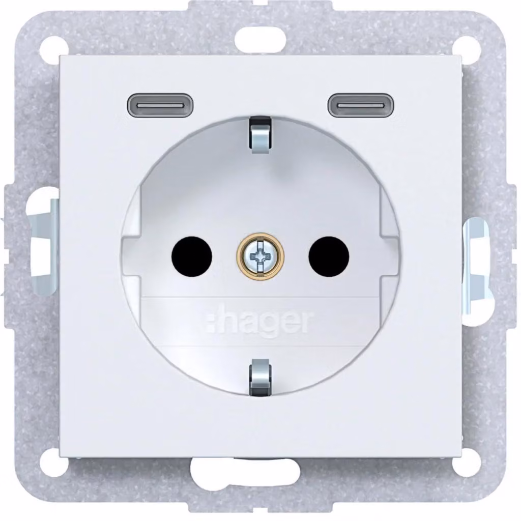 Presa Hager SCHUKO con USB WAS4055WM tipo C 20 W A.x/C.x bianco lucido opaco