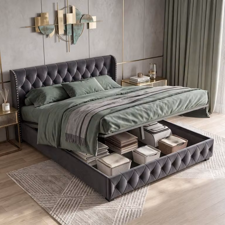 Letto matrimoniale idraulico con contenitore 140x190 cm, con struttura a molle e rete a doghe, imbottito con testiera e spazio contenitore, in velluto, color grigio scuro