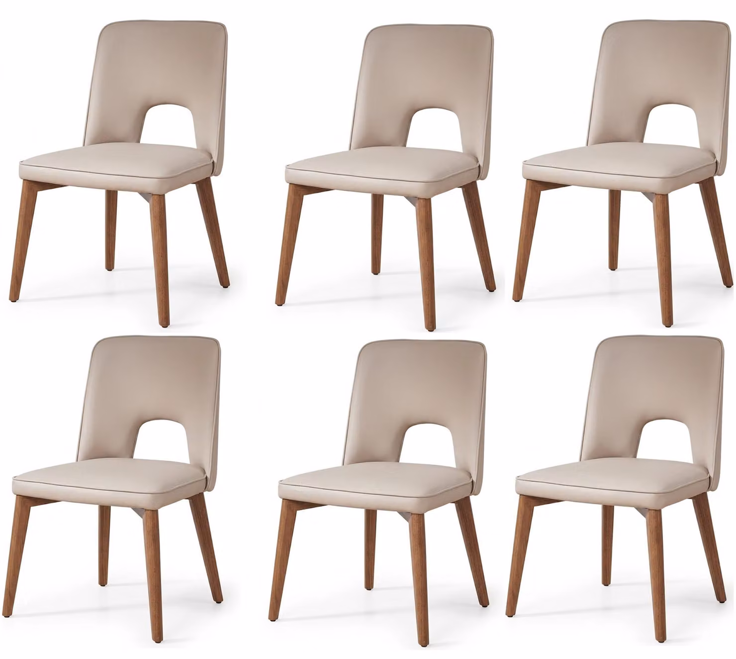 Sedia da pranzo dal design minimalista e raffinato, set di 6 pezzi, colore beige, rivestimento in ecopelle, gambe in legno di noce