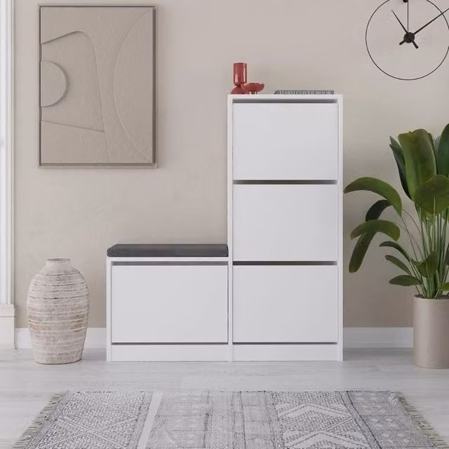 Scarpiera con panca Dude a 4 ante a ribalta colore bianco 105x26x118.5H