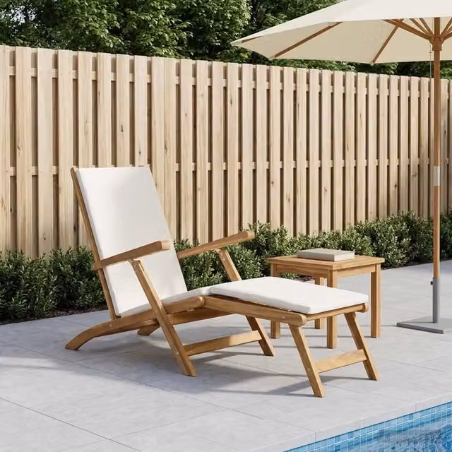 Sedia a sdraio pieghevole vidaXL in legno di teak con cuscino bianco e marrone – 1