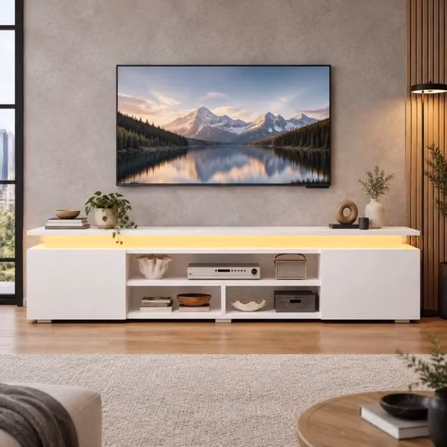 Mobile TV 180x35x42 cm in MDF bianco con LED RGB; controllo app e vocale