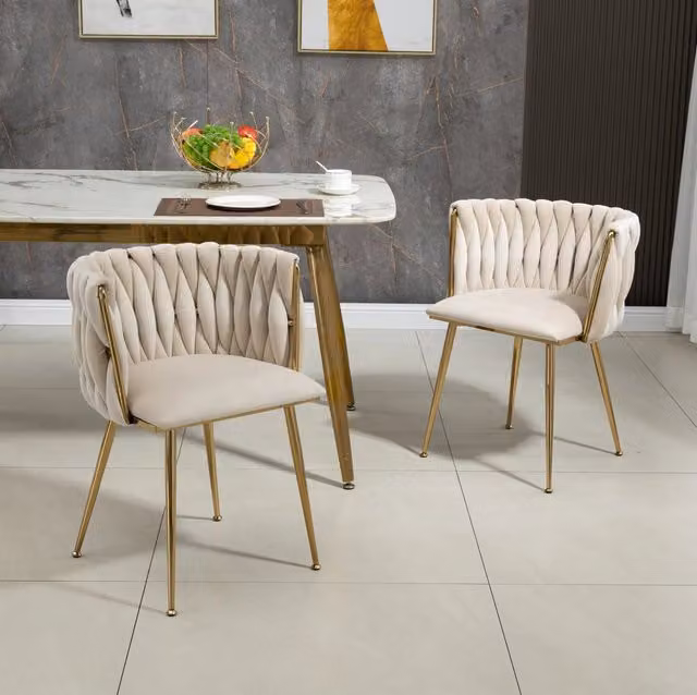 Sedia da pranzo moderna MODFU in velluto beige con gambe in metallo dorato L/P/H: 55,5 x 41 x 74 cm