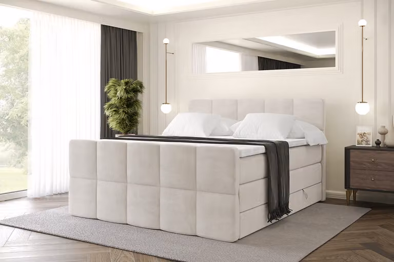 Letto boxspring ALTDECOR con materasso e rete a doghe, topper, letto imbottito con contenitore, letto con spazio contenitivo per materassi H3 e H4, letto matrimoniale, letto boxspring -LIRO-Z KING-140x200 - Beige Casablanca