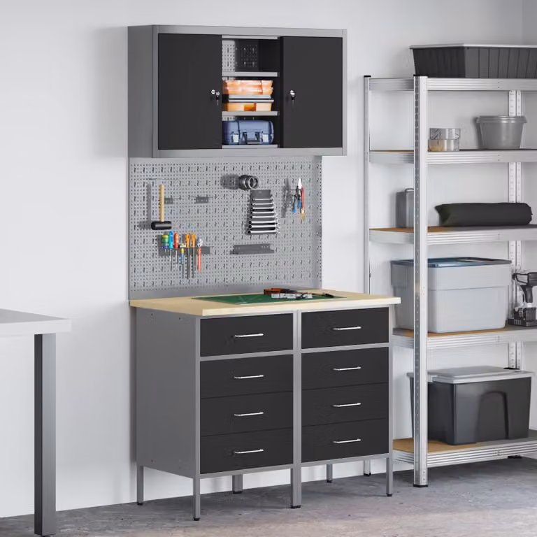 Set di mobili da lavoro vidaXL composto da 5 pezzi con scaffale e cassetto in acciaio e legno, colore nero
