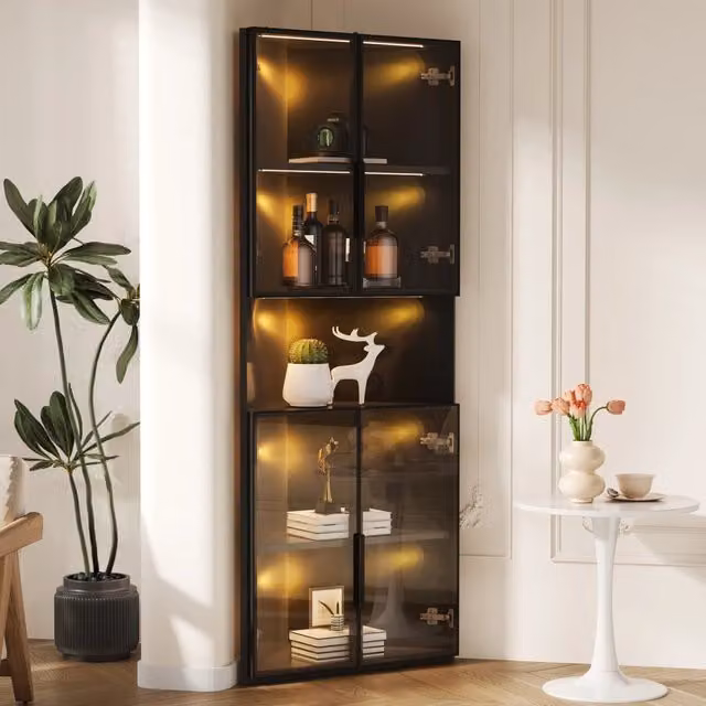 Vetrina angolare Mivray nera con ante in vetro temperato e illuminazione LED integrata, L 62 cm x P 32 cm x H 160 cm