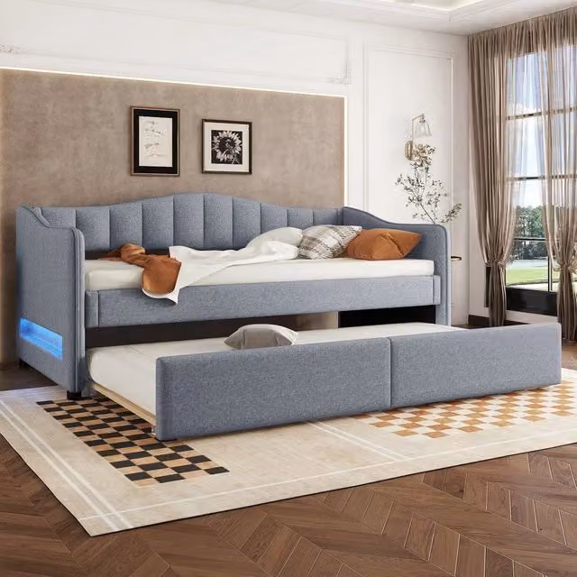 Letto Singolo Contenitore con Luce LED ¨C MINIMAL ¨C Tessuto Grigio 90x200