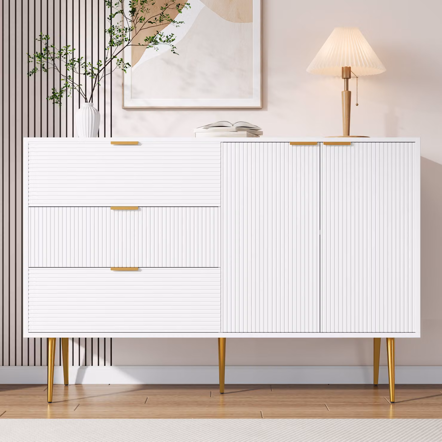 Credenza Flieks Credenza, cassettiera con gambe dorate, mobile da soggiorno con ante e cassetti, mobile in stile arte moderna, bianco
