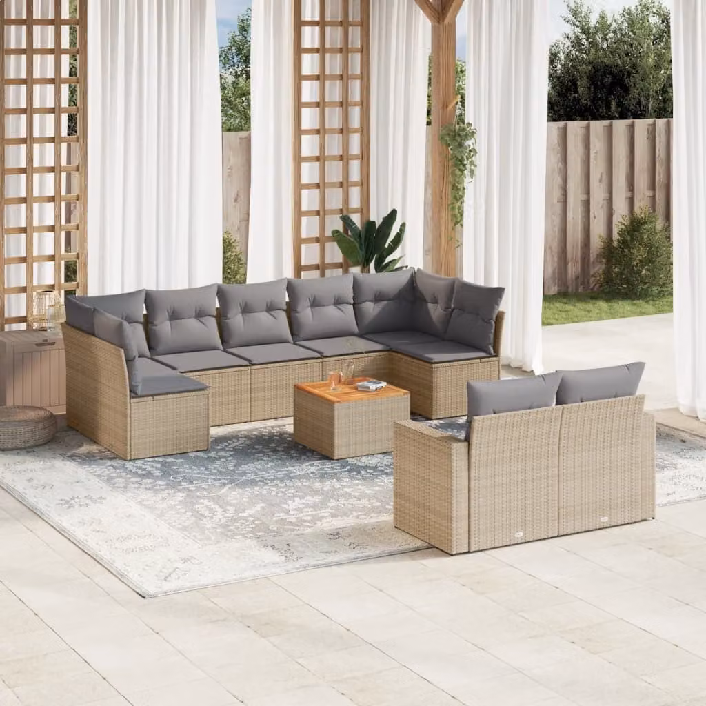 vidaXL Set Divano da Giardino 10 pz a forma a U in Polyrattan con Cuscini Beige e Grigio – 1