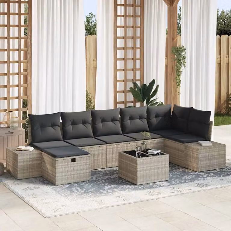 Set di divani da giardino vidaXL in rattan grigio con cuscini e tavolino da esterno, composto da 8 pezzi con struttura in acciaio verniciato a polvere e coperture rimovibili